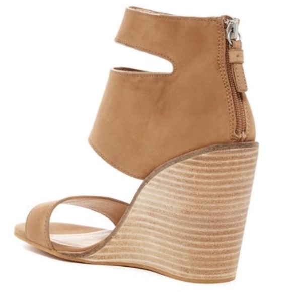 Tan Genuine Leather Cutout Ankle Cuff Wedges - Picture 3 of 4